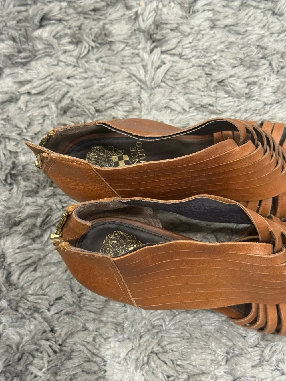 Vince Camuto Wedge Heels Brown Leather Peep Toe Zip Strappy